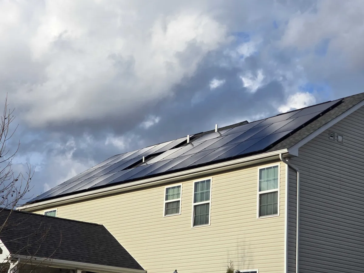 Two-story home with rooftop solar panels